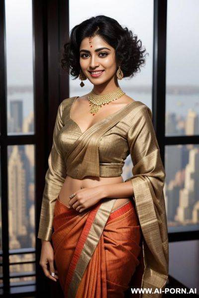 Fancy colorful highly detailed long sleeve crew neck sari, standing in a fancy luxurious sky rise penthouse in manhattan, photorealistic, dark complexion, (ultra detailed photo), (hyper realistic photo) - ai-porn.ai on pornintellect.com