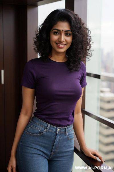 ((crew neck shirt)) , short sleeve crew neck purple shirt, standing in a fancy luxurious sky rise penthouse in manhattan, photorealistic, dark complexion, (ultra detailed photo), (hyper realistic photo) - ai-porn.ai on pornintellect.com