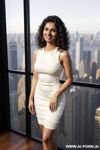 (((crew neck dress))), sleeveless crew neck satin white dress, standing in a fancy luxurious sky rise penthouse in manhattan, photorealistic, dark complexion, (ultra detailed photo), (hyper realistic photo) - ai-porn.ai on pornintellect.com
