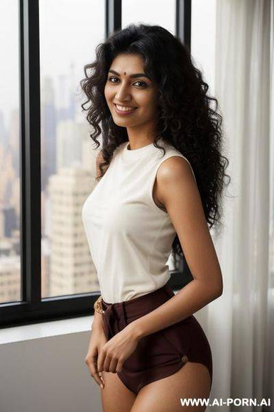 ((crew neck shirt)) , sleeveless crew neck white shirt, standing in a fancy luxurious sky rise penthouse in manhattan, photorealistic, dark complexion, (ultra detailed photo), (hyper realistic photo) - ai-porn.ai on pornintellect.com