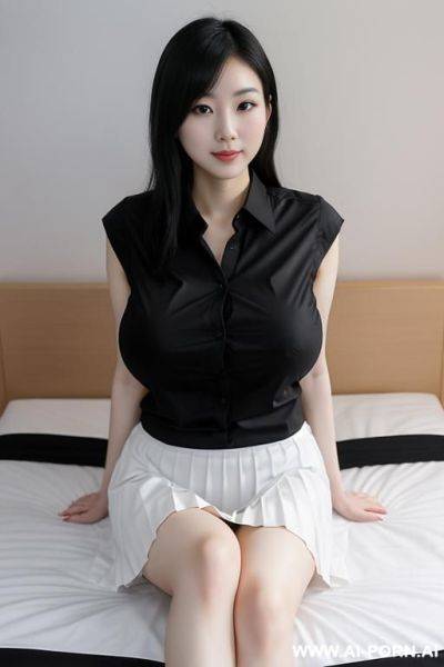 A japanese woman, 20 years old, white skin, ((large breasts:1.1)), 1 tall, she is wearing a pleated black nis skirt, knee-length. she is also wearing a plain white tight shirt, sitting her bed room, with both hands above her head - ai-porn.ai - Japan on pornintellect.com