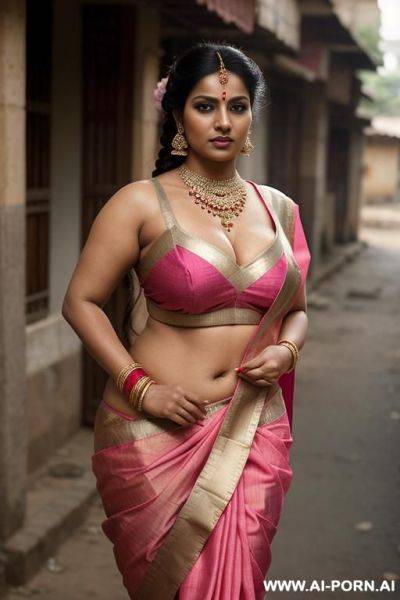 Indian woman, skimpy, busty, sexy sari, pink sari, street, public, big cleavage, fat, thick - ai-porn.ai - India on pornintellect.com