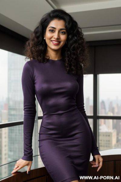 ((crew neck dress)), long sleeve crew neck purple dress, standing in a fancy luxurious sky rise penthouse in manhattan, photorealistic, busty, dark complexion, (ultra detailed photo), (hyper realistic photo) - ai-porn.ai on pornintellect.com