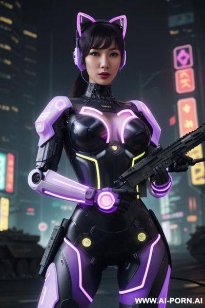 Beautiful realistic woman ((woman fully robotic mechanic body)), (((holding electric and luminous neon violet assault rifle))), ultra detailed, finely detail, highly detailed face, highly detailed eyes, - ai-porn.ai on pornintellect.com