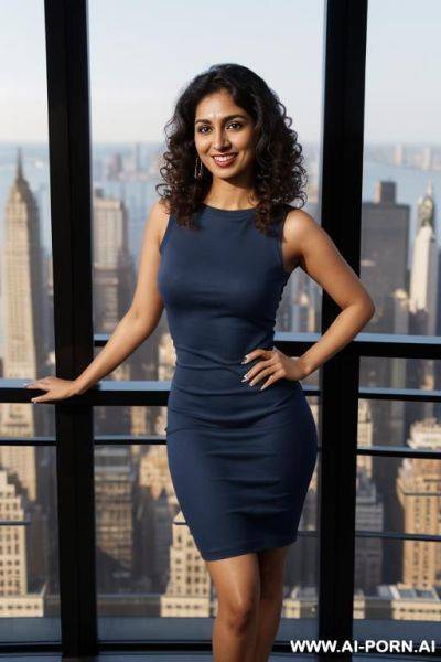 ((crew neck dress)), sleeveless crew neck blue dress, standing in a fancy luxurious sky rise penthouse in manhattan, photorealistic, busty, dark complexion, (ultra detailed photo), (hyper realistic photo) - ai-porn.ai on pornintellect.com