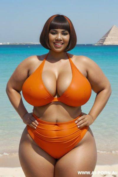 Egyptian queen wearing orange and black colored swimsuit, (bobcut hairstyle), (((massive huge breasts))), full body view, photorealistic, ((chubby woman)), ((wide hips)), ((huge butt)), beach, smiling, ((showing armpit)) - ai-porn.ai - Egypt on pornintellect.com