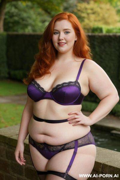 Half-length photo, as a setting in the backyard area, a fat (((very, very obese))) chubby fat thick and bbw redhead british, at a sunny but rainy day. she has lovehandless and a soft medium - ai-porn.ai - Britain on pornintellect.com