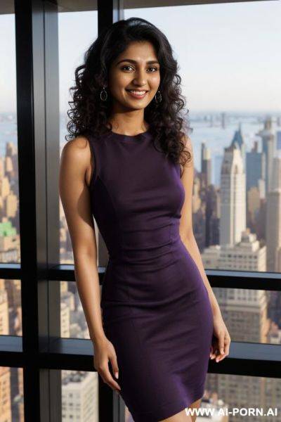(((crew neck dress))), sleeveless crew neck purple dress, standing in a fancy luxurious sky rise penthouse in manhattan, photorealistic, dark complexion, (ultra detailed photo), (hyper realistic photo) - ai-porn.ai on pornintellect.com