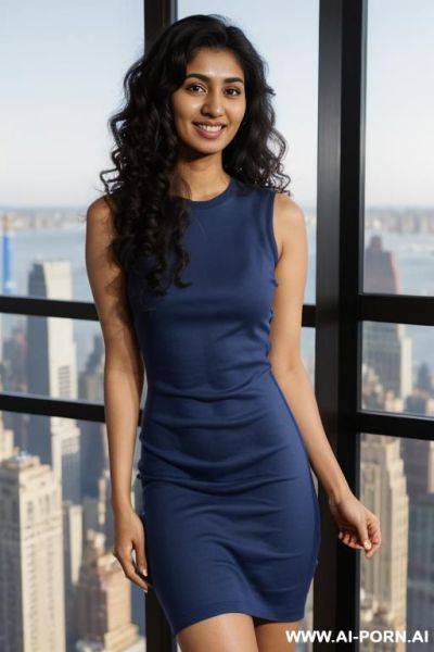 (((crew neck dress))), sleeveless crew neck blue dress, standing in a fancy luxurious sky rise penthouse in manhattan, photorealistic, dark complexion, (ultra detailed photo), (hyper realistic photo) - ai-porn.ai on pornintellect.com