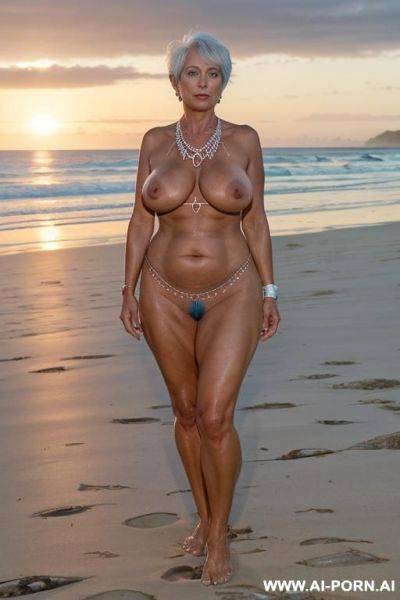 Classy mature older woman with very tanned thick body, thick thighs, outside on a sunset beach, white pixie hair, naked, ankle bracelet, anklet, hip chain, toe ring, nipple ring, necklace, blue - ai-porn.ai on pornintellect.com