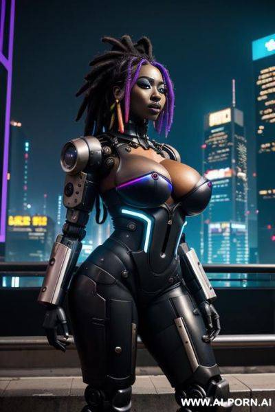 Very dark skin; cyberpunk city on background - ai-porn.ai on pornintellect.com