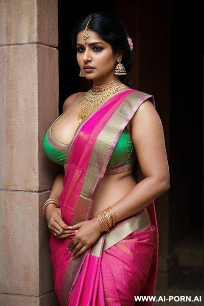 Indian woman, skimpy, busty, sexy sari, pink sari, street, public, big cleavage, fat, thick - ai-porn.ai - India on pornintellect.com