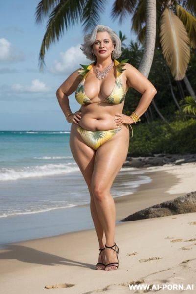 Classy mature older woman with very tanned toned body, outside on a sunset beach, white pixie hair, naked, ankle bracelet, anklet, hip chain, toe ring, nipple ring, necklace, blue eyes, very large nipples, oiled skin - ai-porn.ai on pornintellect.com