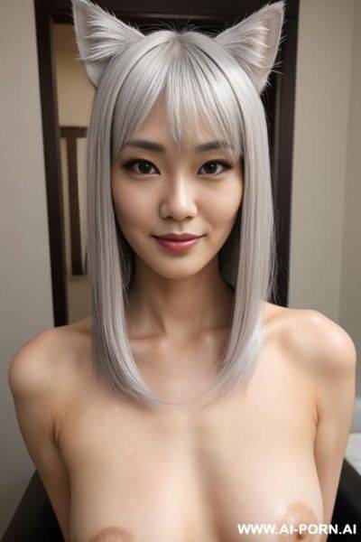 Selfie, doe eyes, pretty face, perfect pretty, a peerless pretty, cosplay, (hair length:1), bangs, silver hair color, silver cat ear, proud face, naked, ((long nipples)), ((erect nipples)), room - ai-porn.ai on pornintellect.com
