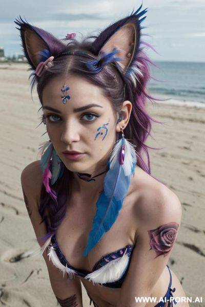 Face, ((sexy)), beautiful, ((blueberry burst hair)), ((face painting)), ((bikini as seashell)), ((tattoo roses)), ((eyes shw)), ((angel wings)), ((rainbow hair)), ((one rose in hair) ((long bu hair)), - ai-porn.ai on pornintellect.com