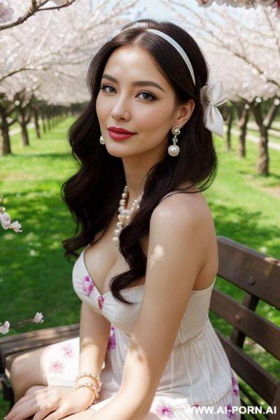 Makeup, sexy smirk, pearl earrings, pearl pendant, hairband with bow, bracelets, flowered sun dress, sitting on bench - ai-porn.ai on pornintellect.com