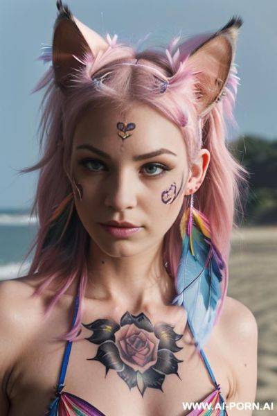 Face, ((sexy)), beautiful, ((split hair color in 2)), ((percing nose)), ((face painting)), ((bikini as seashell)), ((tattoo roses)), ((eyes shw)), ((angel wings)), ((rainbow hair)), ((one rose in hair) - ai-porn.ai on pornintellect.com