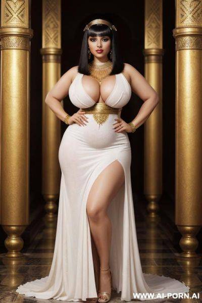 Hyperrealistic painting: very beautiful sexy orgazm face, slight smile, makeup, eye contact, very milky-white skin, natural beautiful gigantic boobs. full body view. art. (showing armpits), white dress made of feathers, huge butt - ai-porn.ai on pornintellect.com