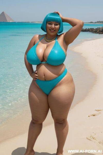 Egyptian queen wearing cyan colored swimsuit, (bobcut hairstyle), (((massive huge breasts))), full body view, photorealistic, ((chubby woman)), ((wide hips)), ((huge butt)), beach, smiling, ((showing armpit)), (fifty years old) - ai-porn.ai - Egypt on pornintellect.com
