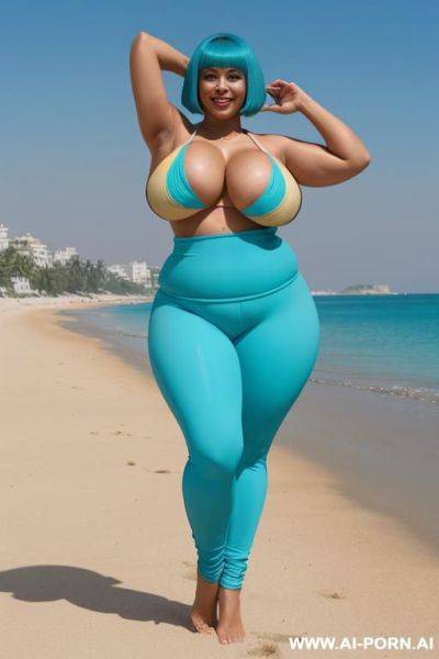 Egyptian queen wearing cyan colored yoga pants, (bobcut hairstyle), (((massive huge breasts))), full body view, photorealistic, ((chubby woman)), ((wide hips)), ((huge butt)), beach, smiling, ((showing armpit)), (fifty years old) - ai-porn.ai - Egypt on pornintellect.com