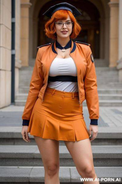 Orange dye short bob with bangs, slight wavy hair, glasses, full body view, hourglass figure, massive boobs, spreading legs - ai-porn.ai on pornintellect.com