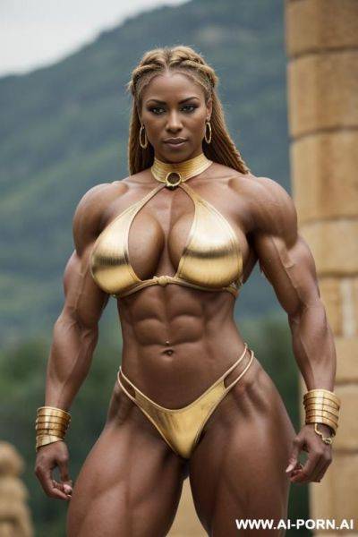 Italian countryside, gladiator woman with very dark skin, tanlines, pierced navel, rings, long nipples, large nipples, bracelets, large areolas, ((oversized boobs)), anklet, huge nipples, large nipples, - ai-porn.ai - Italy on pornintellect.com