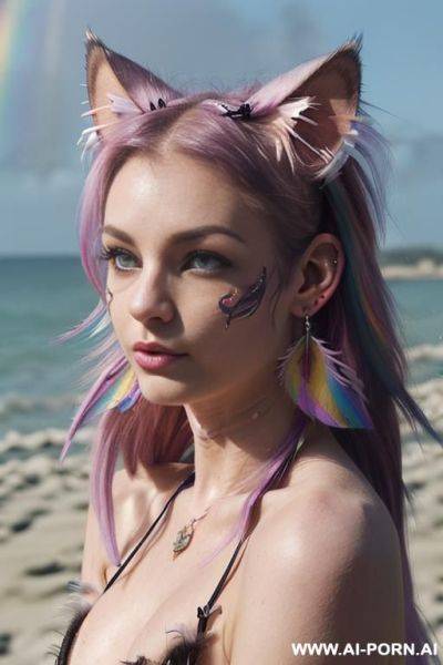 Face, ((sexy)), beautiful, ((split hair color in 2)), ((percing nose)), ((face painting)), ((bikini as seashell)), ((tattoo roses)), ((eyes shw)), ((angel wings)), ((rainbow hair)), ((one rose in hair) - ai-porn.ai on pornintellect.com