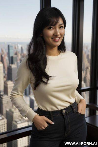 (colorful crew neck shirt), standing in a fancy luxurious sky rise penthouse in manhattan, photorealistic (japanese-indian), (busty), dark complexion, (ultra detailed photo), (hyper realistic photo) - ai-porn.ai - India on pornintellect.com