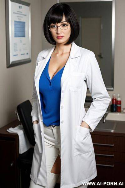 Bob with bangs a bit wavy and messy hair, glasses, full body view, figure, massive boobs white medical coat blue medical gloves 2 womens - ai-porn.ai on pornintellect.com