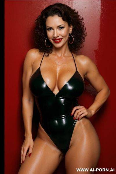 Very hairy pussy, very oiled body, very dark black a and red background, dripping water, tanned skin, red lipstick, a spotlight behind, dripping water down her face, dripping oil, sweating, big earrings, - ai-porn.ai on pornintellect.com
