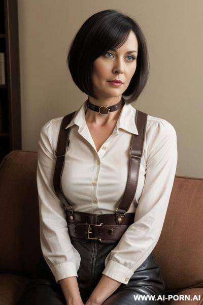 Close up. mistress wearing leather harness and collar pushing out her chest. hands behind the back. - ai-porn.ai on pornintellect.com