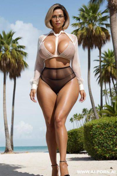 Classy milf woman with very tanned toned body, thong leggings, full body shot, high heels, shapely legs, strong makeup, neclace, large saggy breast, transparent thong shirt, showing perking nipples under blouses, walking, glasses, massive body - ai-porn.ai on pornintellect.com