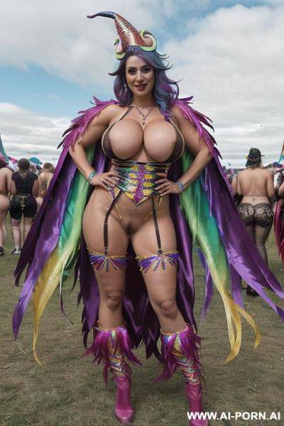 (((huge boobs))), (((massive boobs))), (((costume party))), (((festival)), glastonbury, gilf - ai-porn.ai on pornintellect.com