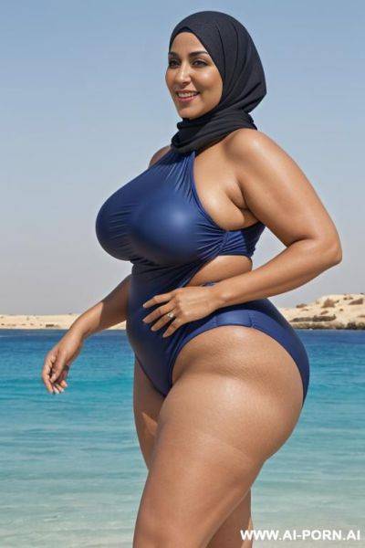 Fourty year old egyptian queen wearing a dark blue hyjab swimsuit, (hyjab), beach, ((massive enormous oversized breasts)), ((huge butt)), (showing armpits), smiling, photorealistic, full body view, ((chubby)), (wide hips), (squatting), (view from below) - ai-porn.ai - Egypt on pornintellect.com