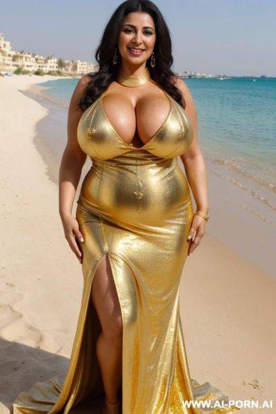 Fourty year old egyptian queen wearing a golden dress, (hyjab), beach, (((massive enormous breasts))), ((huge butt)), (showing armpits), smiling, photorealistic, full body view, ((chubby)), (wide hips) - ai-porn.ai - Egypt on pornintellect.com