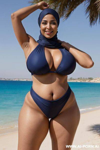 Fourty year old egyptian queen wearing a dark blue hyjab swimsuit, (hyjab), beach, (((massive enormous breasts))), ((huge butt)), (showing armpits), smiling, photorealistic, full body view, ((chubby)), (wide hips), (squatting), (view from below) - ai-porn.ai - Egypt on pornintellect.com