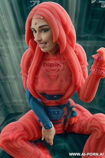 (round bimbo fake breasts:1.3), (fake silicone breasts:2.2), ass, horny green eyes, blonde hair, long length, sitting down legs spread, legs open wide, string top, bimbo, collar, (restraints), long - ai-porn.ai on pornintellect.com