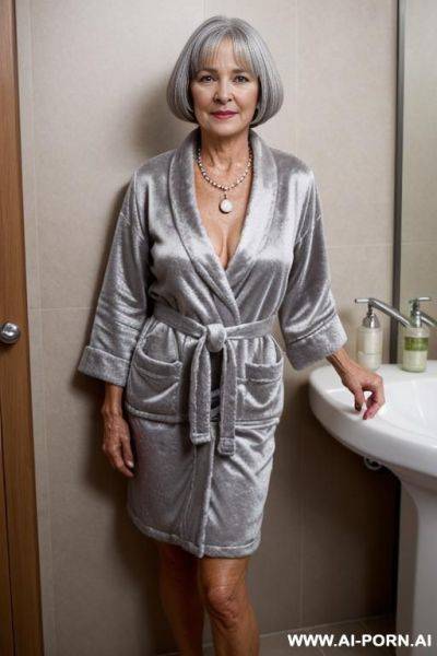 Matured old milf, wrinkles, wrinkled skin, aging marks, extremely tanned skin, necklace, elries, perfect eyes, waist shot, bathroom - ai-porn.ai on pornintellect.com