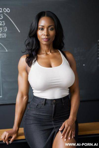 Perfect tits, afro, tank top, jeans, looking at the viewer - ai-porn.ai on pornintellect.com