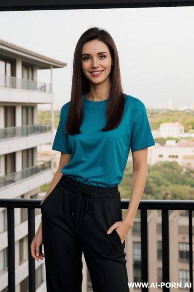 (crew neck shirt), short sleeve crew neck teal shirt, black jogger pants, balcony of modern mansion, night time , lean, (photorealistic) (brunette texan), (ultra detailed photo), (hyper realistic photo), (asin) - ai-porn.ai on pornintellect.com