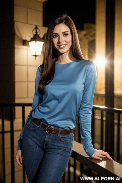 (crew neck shirt), long sleeve crew neck blue shirt, balcony of modern mansion, night time , lean, (photorealistic) (brunette texan), (ultra detailed photo), (hyper realistic photo), asin - ai-porn.ai on pornintellect.com