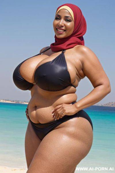 Fourty year old egyptian queen wearing bikini hyjab, (hyjab), beach, (((massive enormous breasts))), ((huge butt)), ((showing armpits)), smiling, photorealistic, full body view, ((chubby)), (wide hips) - ai-porn.ai - Egypt on pornintellect.com
