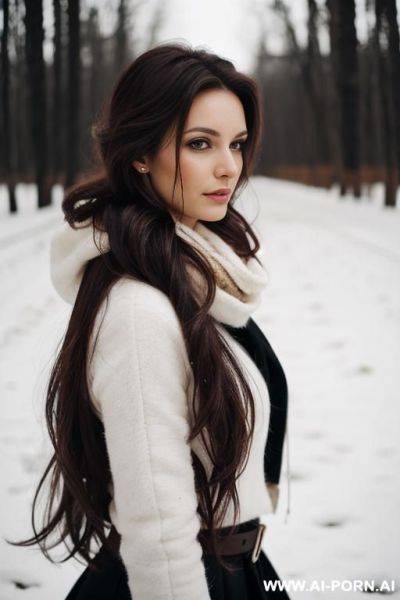 Pretty, hungarian, 30, narrow face, flowing messy hair, dark brown hair, winter background. - ai-porn.ai - Hungary on pornintellect.com