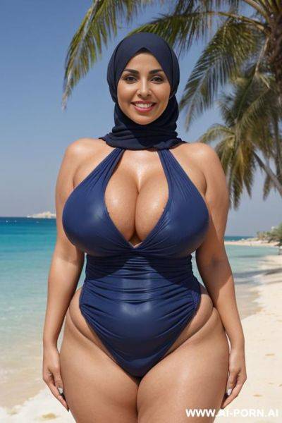 Fourty year old egyptian goddess wearing darkblue full body swimsuit hyjab, (((massive tits))), ((hyjab)), beach, (((massive enormous breasts))), ((huge butt)), ((showing armpits)), smiling, photorealistic, - ai-porn.ai - Egypt on pornintellect.com