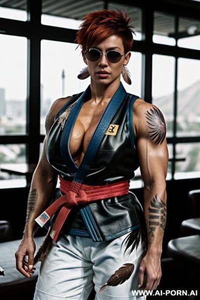 A female bodybuilder with oversized veiny gigantic biceps tattooed wearing a black leather vest showing breasts and black leather hotpants with a bald head and aviator mirror sunglasses and huge fake breasts - ai-porn.ai on pornintellect.com