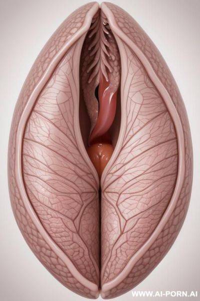 Hyperrealistic anatomical illustration of the female outer sex organs, showing the vulva, including the outer labia, labia a, clitoris, urethral opening, and vaginal opening. front view, high resolution, - ai-porn.ai on pornintellect.com