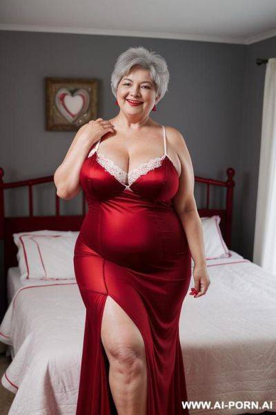 A 0-year-old grandmother with short gray hair, a big smile, and a voluptuous figure, wearing a red nightgown with white hearts. she stands in her luxurious bedroom. - ai-porn.ai on pornintellect.com