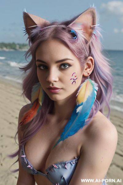 Face, ((sexy)), beautiful, ((split hair color in 2)), ((percing nose)), ((face painting)), ((bikini as seashell)), ((tattoo roses)), ((eyes shw)), ((angel wings)), ((rainbow hair)), ((one rose in hair) - ai-porn.ai on pornintellect.com