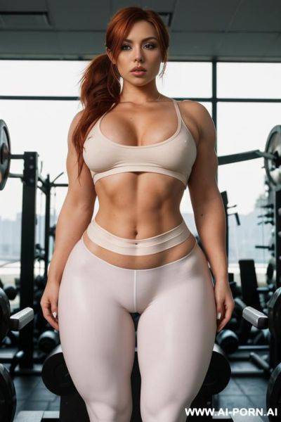 ((view from front below, bending over)), gorgeous woman, perfect boobs, (((pallid white skin))), strong body, perfect body, sitting in a gym, oiled skin, holding a dumbbell, ((eye contact)), ((tight - ai-porn.ai on pornintellect.com