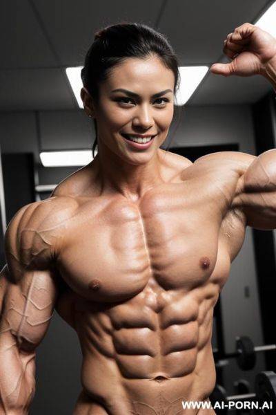 (muscle lab background), closeup view exaggarating muscle size and definition, (naked), (nude), ((1 woman only)), (white pallid skin). hard & pallid, ((extremely beautiful japanese womans face with - ai-porn.ai - Japan on pornintellect.com